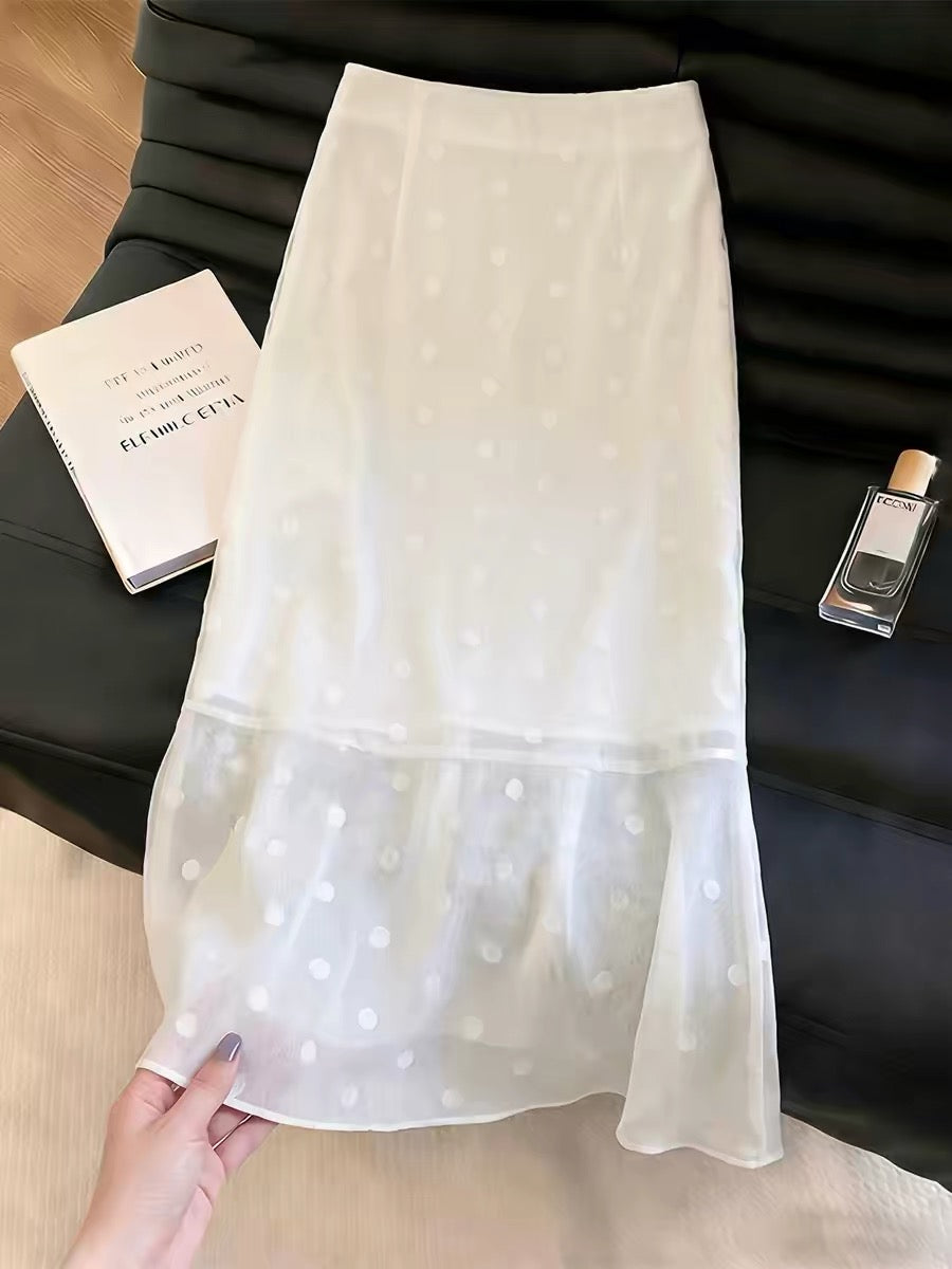 Women's Lightweight White Polka-Dot Mesh Skirt – 2026 Summer New Arrival: Minimalist, Stylish, Elegant, and Soft-Chic Style