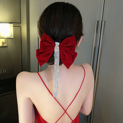 Elegant velvet bow headband hairpin for women autumn and winter Korean top clip tassel sparkling diamond spring clip hairpin hair accessories trendy