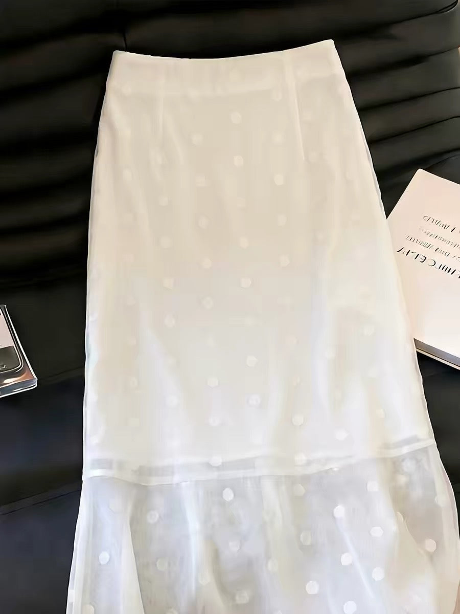 Women's Lightweight White Polka-Dot Mesh Skirt – 2026 Summer New Arrival: Minimalist, Stylish, Elegant, and Soft-Chic Style