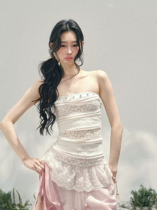 AOMALM's "Dazed Muse" sheer lace cutout thin strapless T-shirt for women, perfect for early spring and a sexy look.