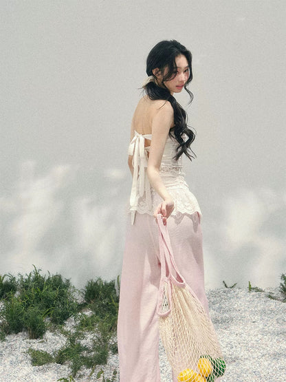 AOMALM's "Dazed Muse" sheer lace cutout thin strapless T-shirt for women, perfect for early spring and a sexy look.