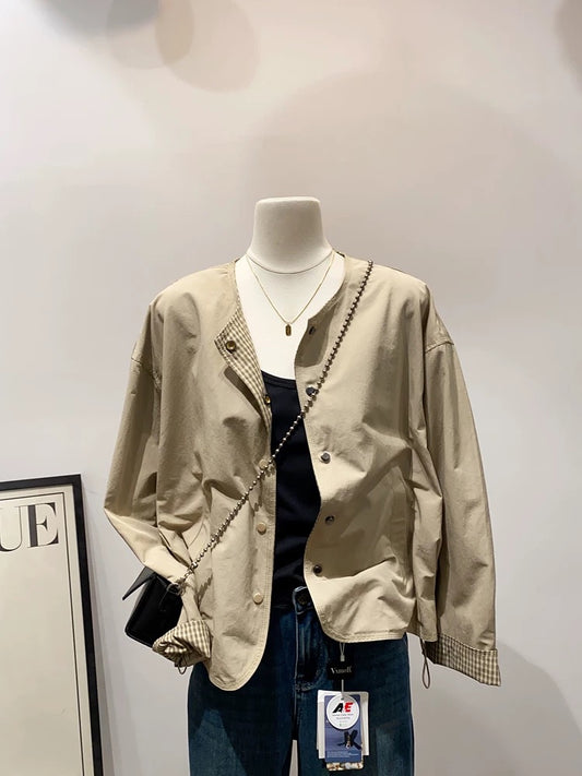 Casual and fashionable ~ simple round neck reversible jacket for women, spring and autumn style, loose and versatile, casual long-sleeved cardigan top
