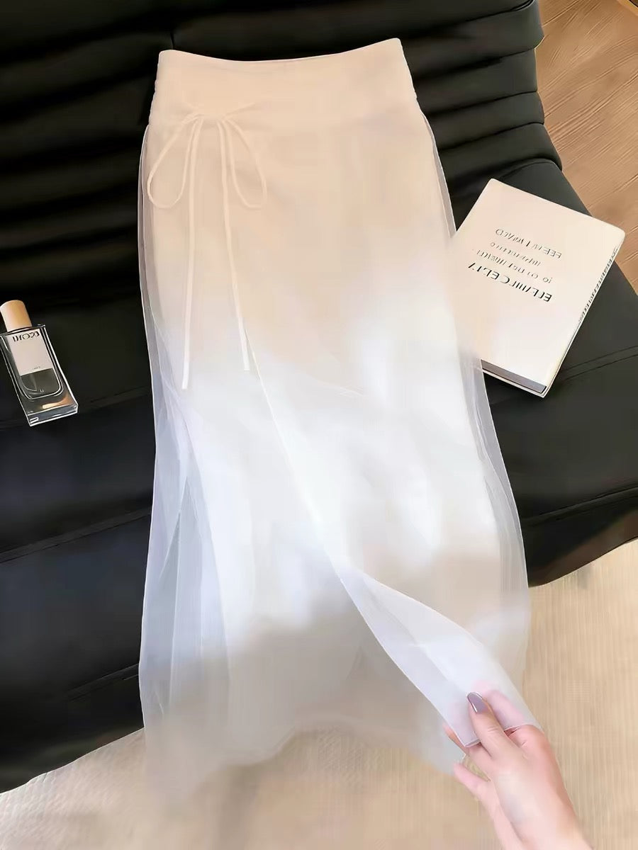Women's white mesh skirt featuring a stylish slit design—a new arrival for Summer 2026 that exudes a gentle, dignified, and elegant charm.