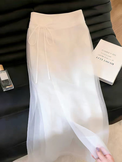 Women's white mesh skirt featuring a stylish slit design—a new arrival for Summer 2026 that exudes a gentle, dignified, and elegant charm.