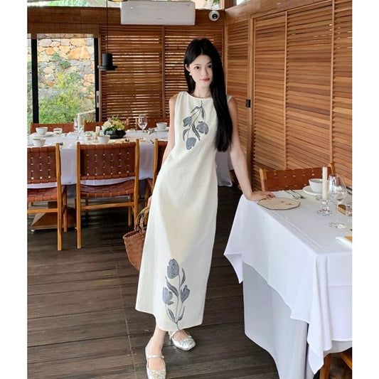 French retro gradient print vest dress new summer style high-end holiday style slim temperament long dress for women