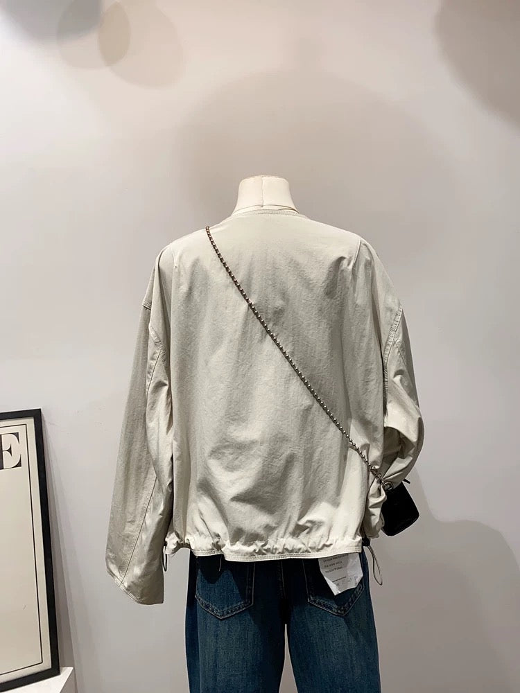 Casual and fashionable ~ simple round neck reversible jacket for women, spring and autumn style, loose and versatile, casual long-sleeved cardigan top