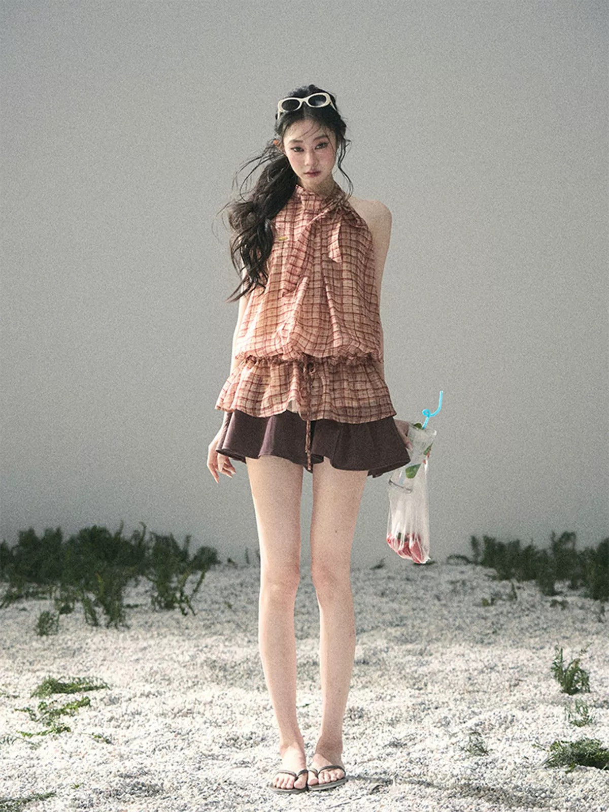 AOMALM's "Maple Whispers" French-style halter neck plaid thin T-shirt for women, spring slimming top.
