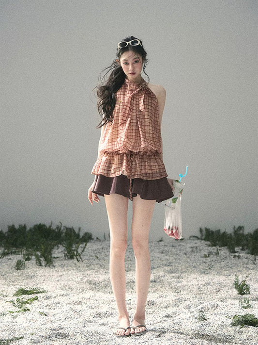 AOMALM's "Maple Whispers" French-style halter neck plaid thin T-shirt for women, spring slimming top.