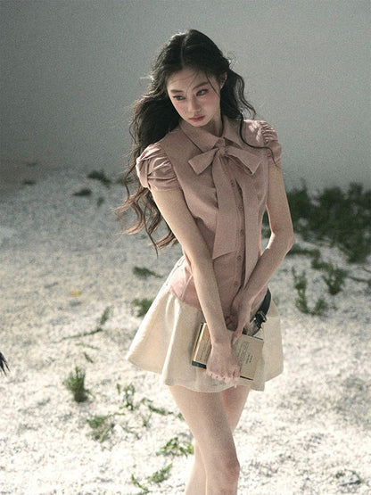 AOMALM's "Powdered Secrets" % Bow-tie French-style Shirt Women's Summer Puff Sleeve Slimming Top