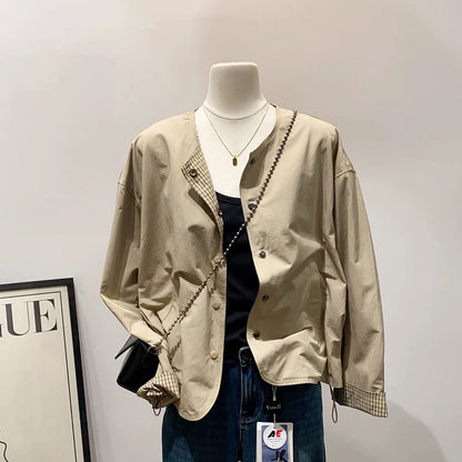 Casual and fashionable ~ simple round neck reversible jacket for women, spring and autumn style, loose and versatile, casual long-sleeved cardigan top