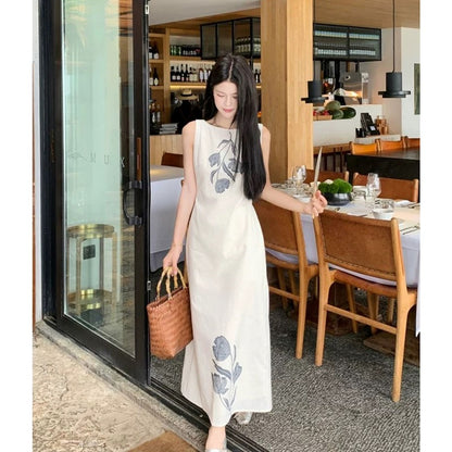 French retro gradient print vest dress new summer style high-end holiday style slim temperament long dress for women