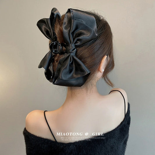 Satin Bow Headband Hair Clip Women's High-End Grab Clip Women's Summer Back of Head Large Shark Clip 2024 New Style