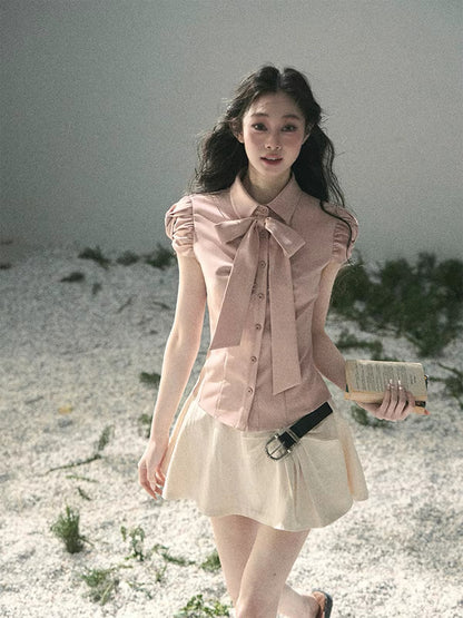AOMALM's "Powdered Secrets" % Bow-tie French-style Shirt Women's Summer Puff Sleeve Slimming Top