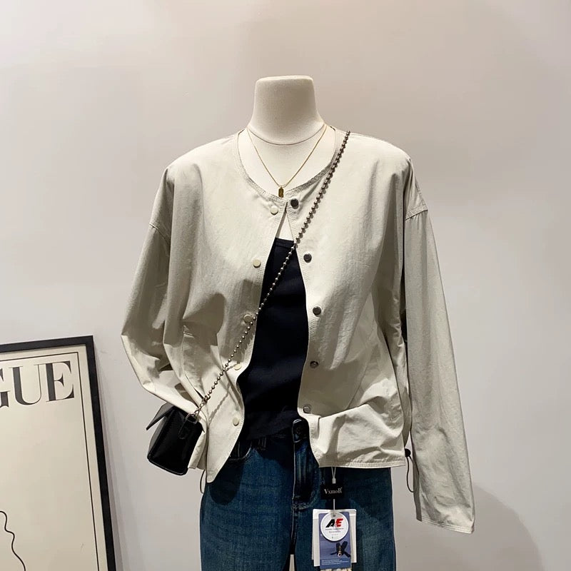 Casual and fashionable ~ simple round neck reversible jacket for women, spring and autumn style, loose and versatile, casual long-sleeved cardigan top