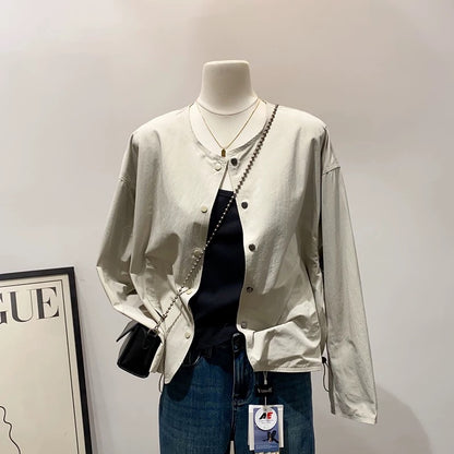 Casual and fashionable ~ simple round neck reversible jacket for women, spring and autumn style, loose and versatile, casual long-sleeved cardigan top