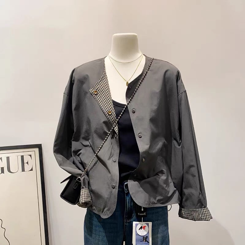 Casual and fashionable ~ simple round neck reversible jacket for women, spring and autumn style, loose and versatile, casual long-sleeved cardigan top