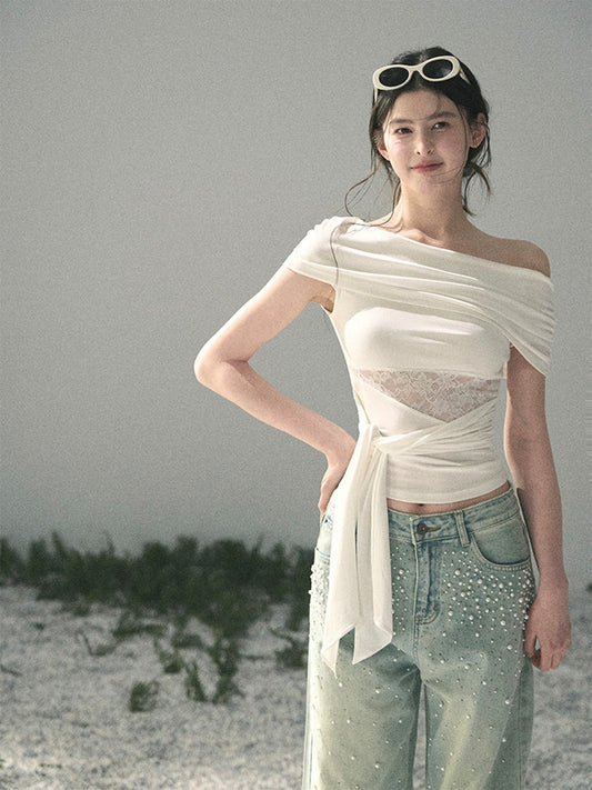 AOMALM's "Cicada's Summer" Short-Sleeve Off-Shoulder Lace Hollow-Out T-Shirt for Women, Summer Short Sexy Top