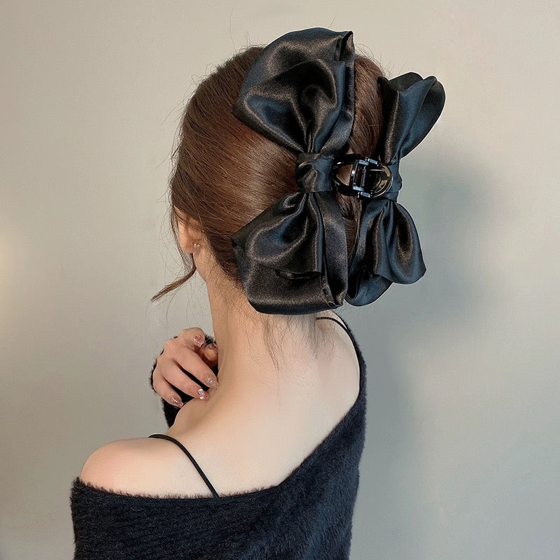 Satin Bow Headband Hair Clip Women's High-End Grab Clip Women's Summer Back of Head Large Shark Clip 2024 New Style