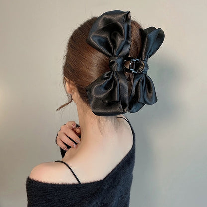 Satin Bow Headband Hair Clip Women's High-End Grab Clip Women's Summer Back of Head Large Shark Clip 2024 New Style