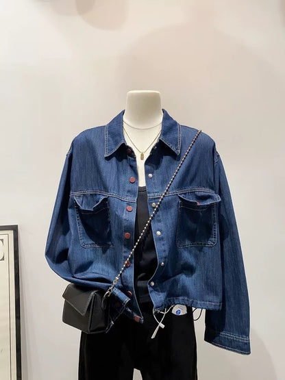 Fashionable special! Retro double pocket hem drawstring lapel denim shirt women's spring casual small size jacket trend