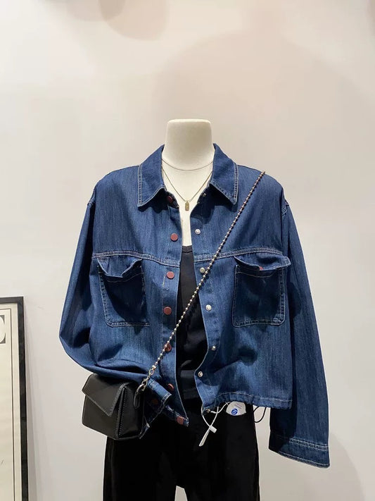 Fashionable special! Retro double pocket hem drawstring lapel denim shirt women's spring casual small size jacket trend