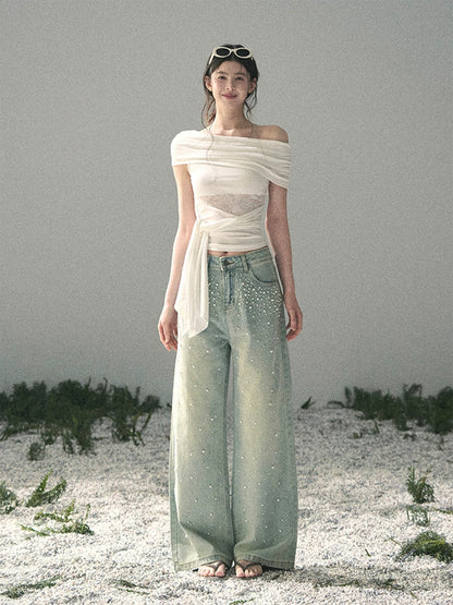 AOMALM's "Cicada's Summer" Short-Sleeve Off-Shoulder Lace Hollow-Out T-Shirt for Women, Summer Short Sexy Top