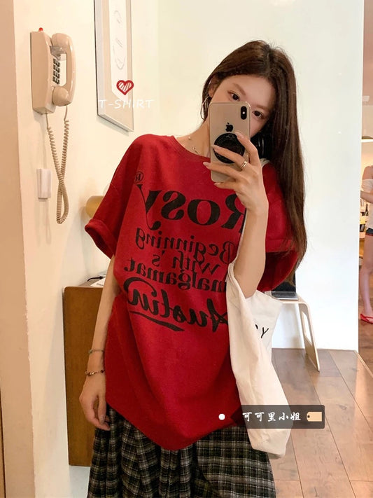American retro lazy style short-sleeved T-shirt for women 2025 summer new letter printing loose mid-length top trend