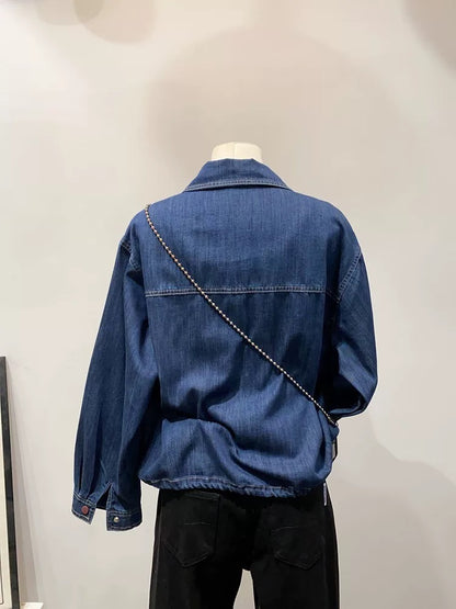 Fashionable special! Retro double pocket hem drawstring lapel denim shirt women's spring casual small size jacket trend
