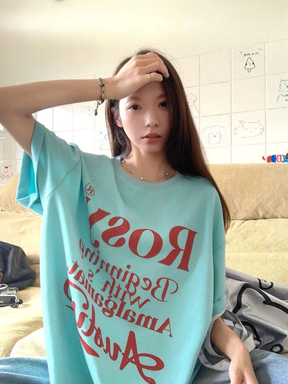 American retro lazy style short-sleeved T-shirt for women 2025 summer new letter printing loose mid-length top trend