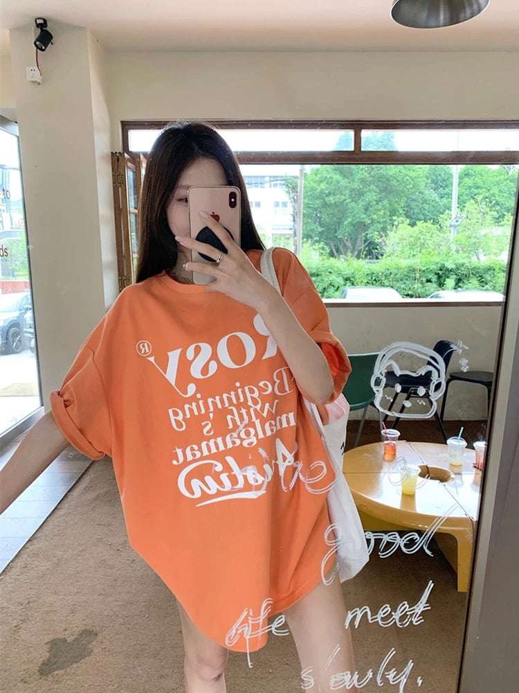 American retro lazy style short-sleeved T-shirt for women 2025 summer new letter printing loose mid-length top trend