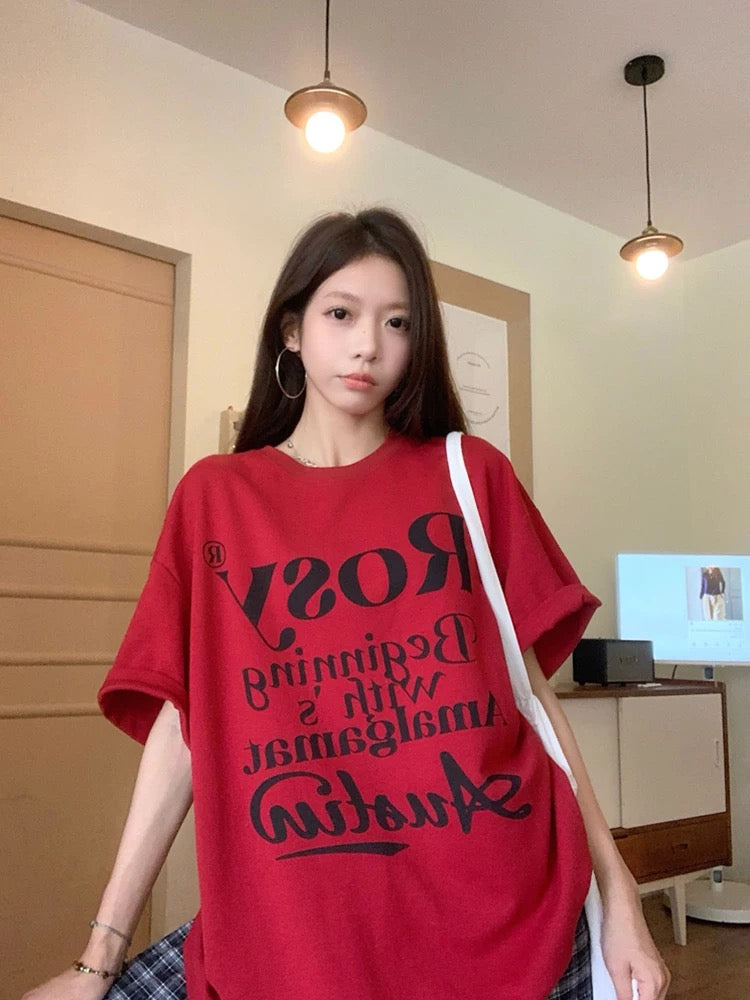 American retro lazy style short-sleeved T-shirt for women 2025 summer new letter printing loose mid-length top trend