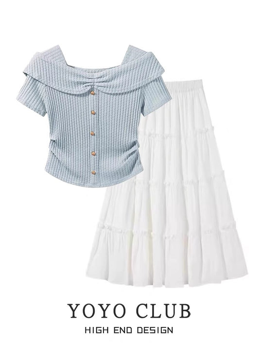YOYO CLUBB Irregular Waist Short Top Women's Summer High Waist White A-Line Skirt High-end Suit