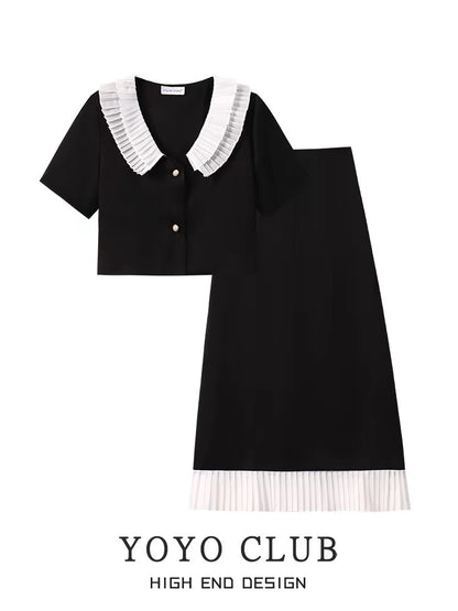 YOYO CLUB large size summer slimming French style short-sleeved jacket and skirt set