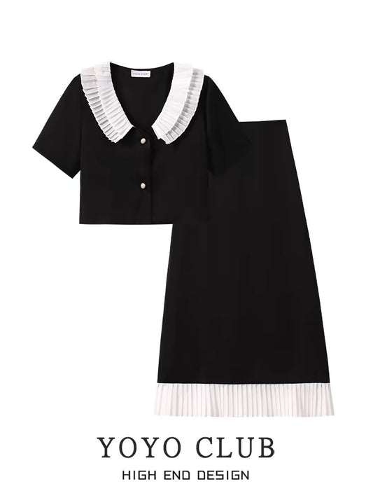 YOYO CLUB large size summer slimming French style short-sleeved jacket and skirt set