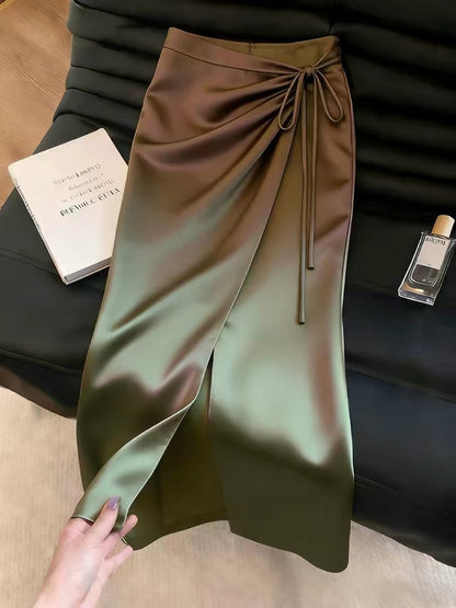 Women's Green Satin Slit Skirt – 2026 Summer New Arrival: Slimming, Sophisticated, and Premium-Quality Style