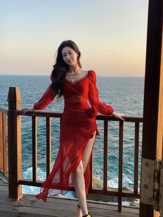 Good Job: 【Misty Rose】French Satin V-Neck Red Mesh Dress, Long Sleeve, Sexy Vacation Dress