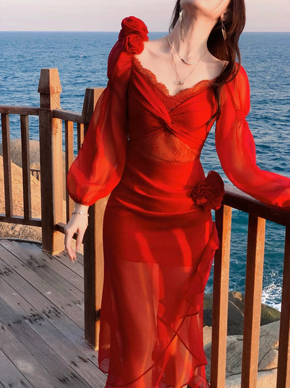Good Job: 【Misty Rose】French Satin V-Neck Red Mesh Dress, Long Sleeve, Sexy Vacation Dress