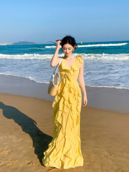 Good Job! 【Sunshine Island】French Style Yellow Resort Dress for Women, Stylish Ruffled Sexy Long Skirt