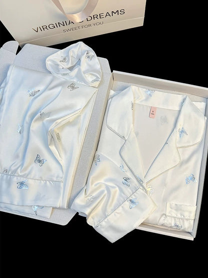 Pajamas for women, new style, ice silk long sleeves and trousers, can be worn outside in spring and autumn, high-grade silver butterfly print home clothes suit