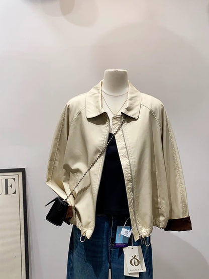 Beautiful and annoying! Lapel raglan jacket for women 2025 new spring and autumn color matching folded sleeve chic jacket