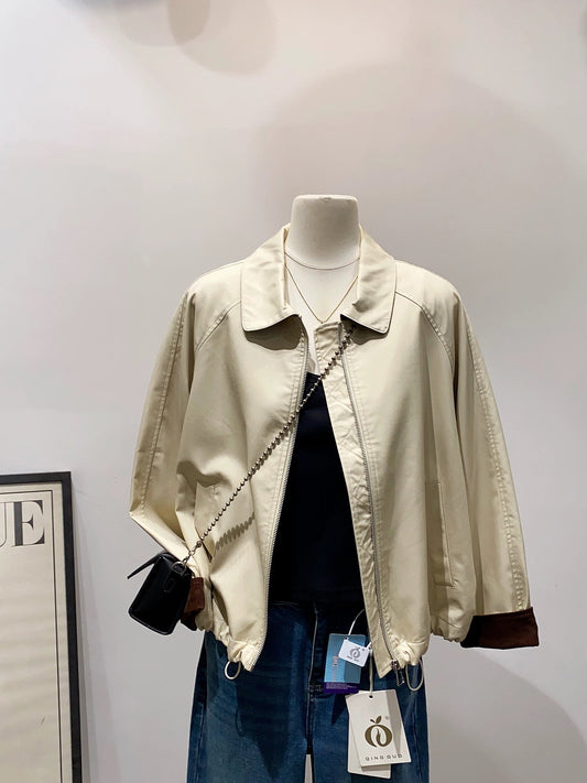 Beautiful and annoying! Lapel raglan jacket for women 2025 new spring and autumn color matching folded sleeve chic jacket