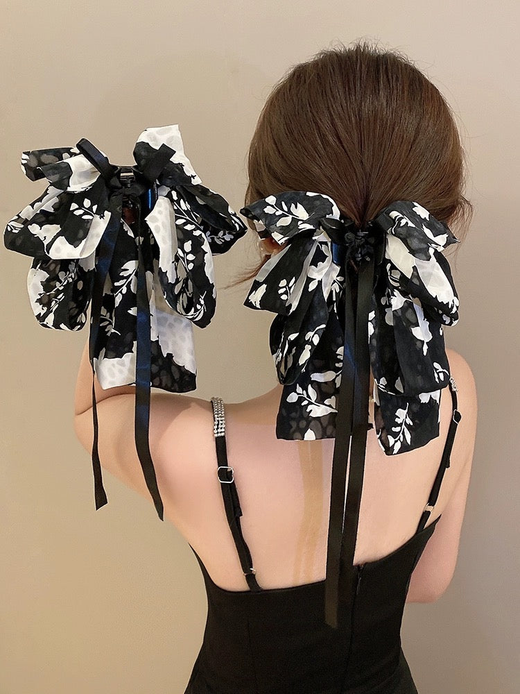 Retro Printed Bow Clip Women's High-Level Elegant Ribbon Hairpin Back of Head 2023 New Korean Style Hair Accessories