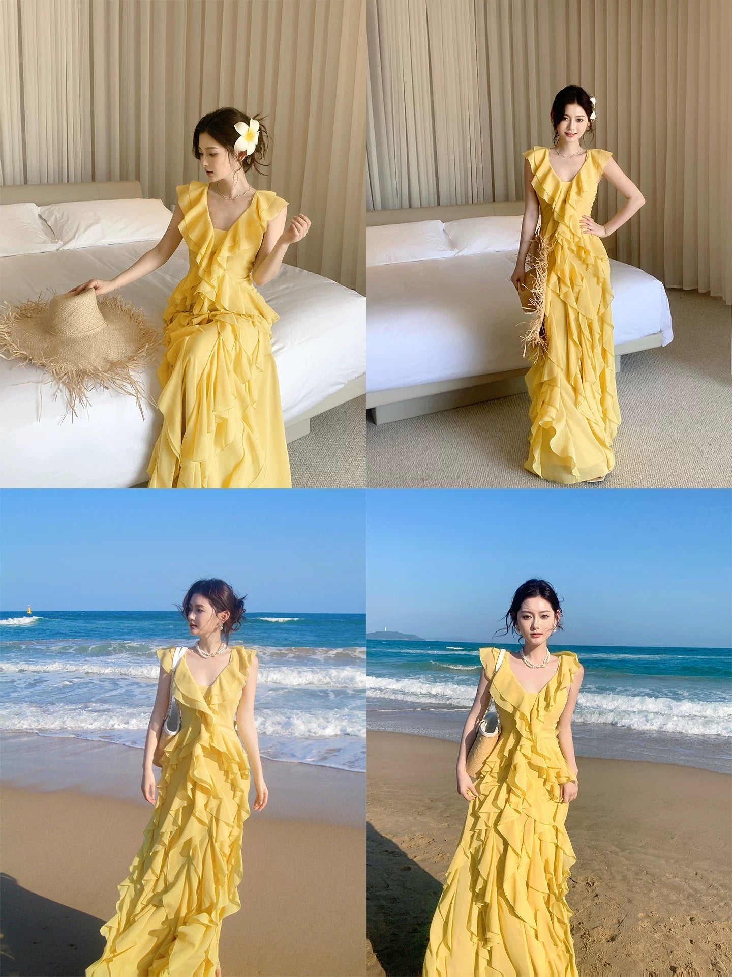 Good Job! 【Sunshine Island】French Style Yellow Resort Dress for Women, Stylish Ruffled Sexy Long Skirt