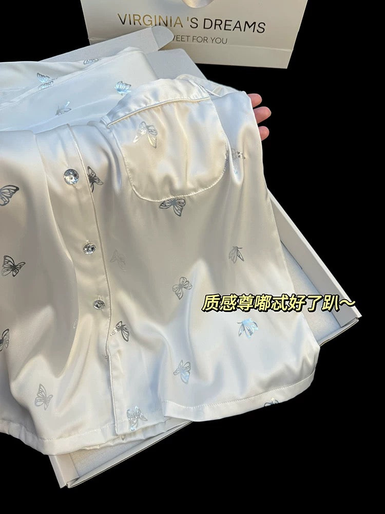 Pajamas for women, new style, ice silk long sleeves and trousers, can be worn outside in spring and autumn, high-grade silver butterfly print home clothes suit