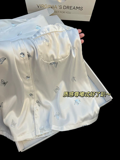 Pajamas for women, new style, ice silk long sleeves and trousers, can be worn outside in spring and autumn, high-grade silver butterfly print home clothes suit
