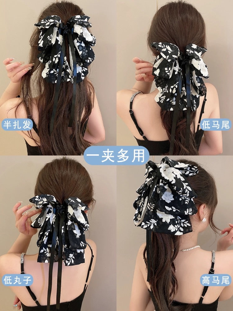 Retro Printed Bow Clip Women's High-Level Elegant Ribbon Hairpin Back of Head 2023 New Korean Style Hair Accessories