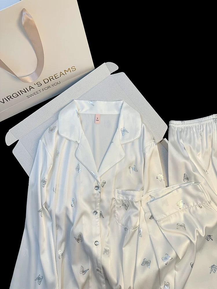 Pajamas for women, new style, ice silk long sleeves and trousers, can be worn outside in spring and autumn, high-grade silver butterfly print home clothes suit