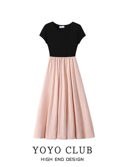 YOYO CLUB contrasting color splicing knitted short-sleeved dress summer new style slimming temperament gentle wind mid-length skirt