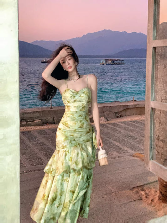 Good Job! 【Spring Branches in Full Bloom】French Floral Print Sundress for Women, Spring/Summer Ruffled Fishtail Resort Dress