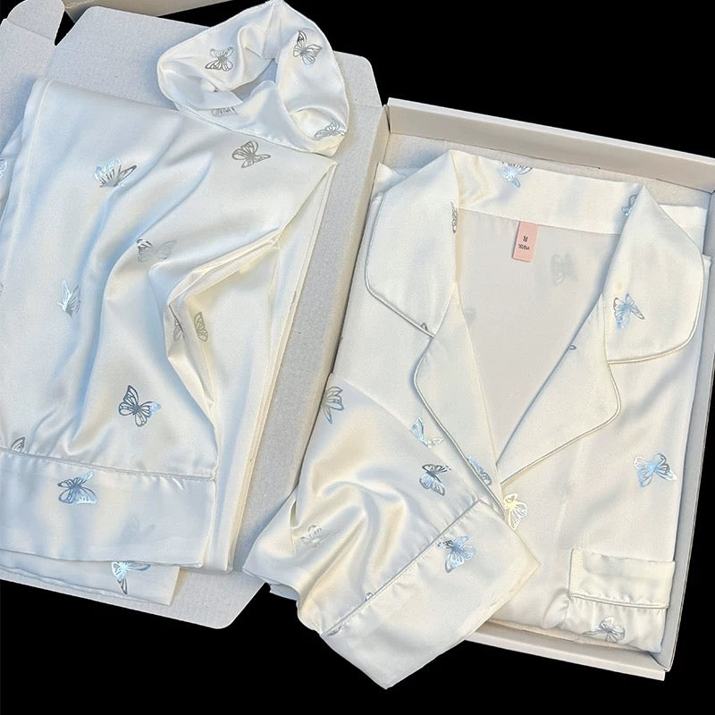 Pajamas for women, new style, ice silk long sleeves and trousers, can be worn outside in spring and autumn, high-grade silver butterfly print home clothes suit